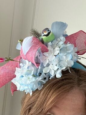 Custom Derby fascinator - Blue and Pink with whimsical bird detail